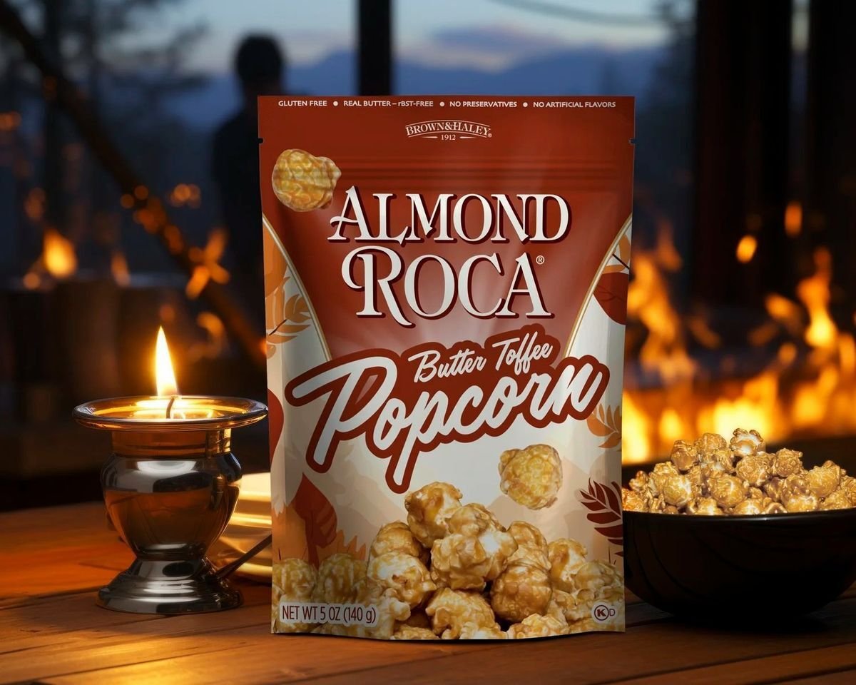 ALMOND ROCA® Popcorn with "Autumn" themed package design on matte film