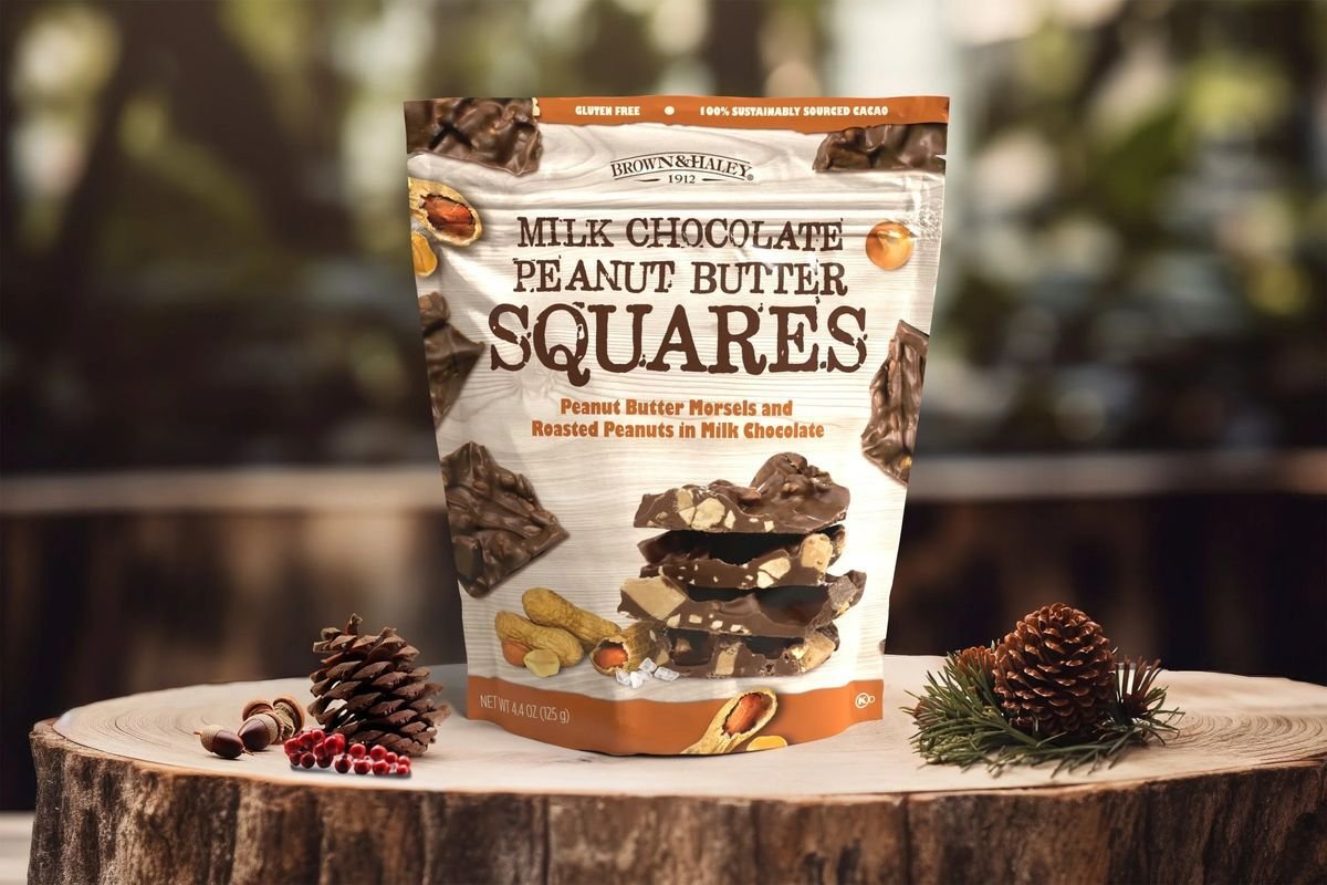 Milk Chocolate Peanut Butter Squares in artisanal natural-themed package design on matte film