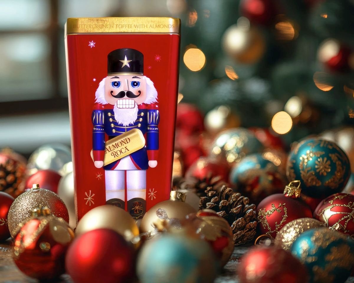 Holiday themed package design on tin
