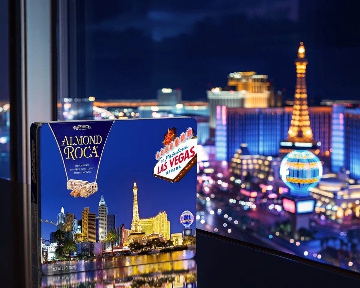 Record selling "Vegas" themed travel package design on tin
